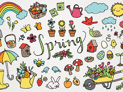 Spring Clipart Pack bird clipart creativemarket cute fun hand drawn rainbow seasons spring springtime sun vector