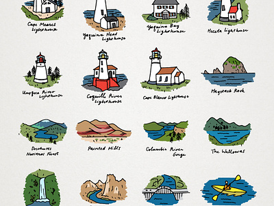 Lighthouses and sights of Oregon design hand drawn icons illustration lighthouses nature oregon scenery sketched travel vector