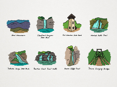 Georgia State Park custom illustrations art clip art clipart explore fun georgia graphic design green hand drawn illustration nature outdoors sketched state park vector waterfall