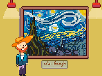 Vincent van Gogh at the museum 2d 8bit art cartoon design digitaldrawing illustration pixel art