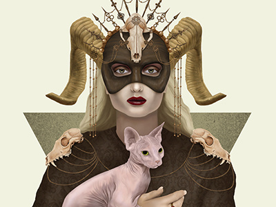 Priestess cat dark digital painting illustration mask skull triangle