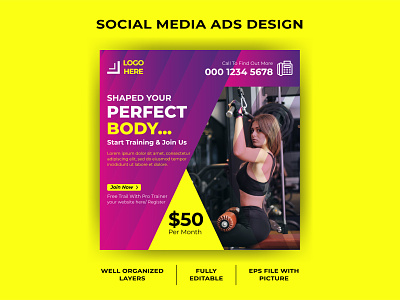 Gym and fitness social media post template vector