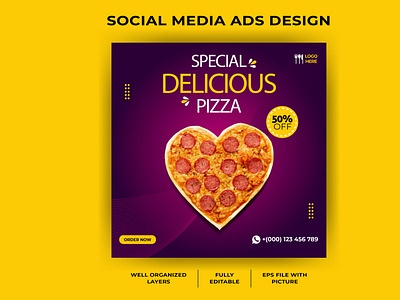 Delicious pizza social media banner design template