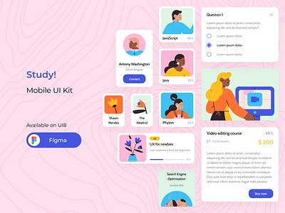 Study! UI Kit book card cards dark mode exam illustration learning light mode music statistics ui ui kit ui8 ux vector video