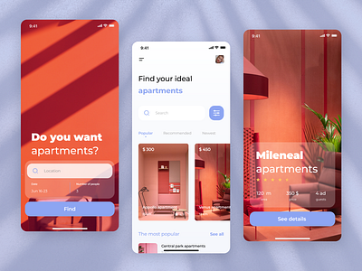 Apartments app design book booking hotel mobile app photo red rent search ui ux violet