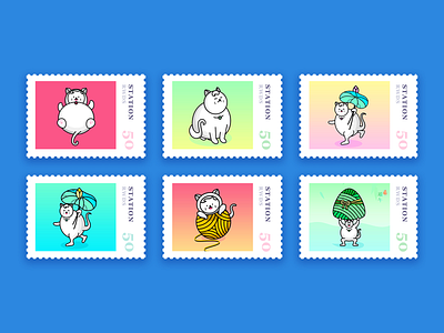 Stamp animal blue cat cute flat fun funny illustration illustrative stamp ui
