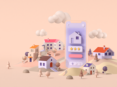 real-estate app 3d 3d artist 3dillustration buildings c4d candy cgi city clouds hills mobile realestate sovery startup sweet toy trees ui ux web