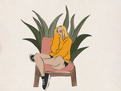 At Home article illustration blog illustration character illustration digital illustration fashion illustration girl character home alone illustration peaceful plant illustration plant lady plants procreate procreate illustration texture textures truegrittexturesupply woman sitting work from home