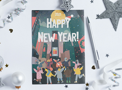 New Year on Times Square art branding card card ui christmas design greeting illustration new year party newyear party postcard vector