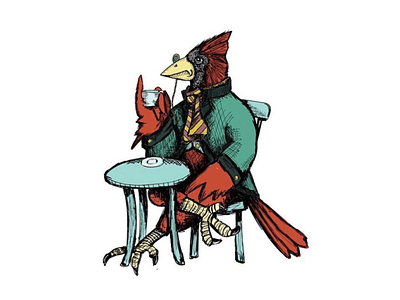 Red Bird, Green Tea crosshatching illustration illustrator
