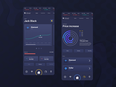 Investment App app background composition dark design fonts graphic interface invest investment menu minimal money tapbar ui