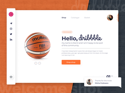 Hello, dribbble! background basket hello dribble hellodribbble interface invite minimal orange profile shop typography ui webdesign welcome welcome shot