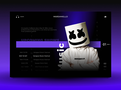 Redesigning DJ Marshmello’s page brand color composition dj logo marshmallow music people program redesign star style typogaphy ui webdesign
