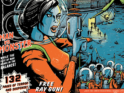 Free Ray Gun! comic girl halftone helmet illustratoin keyline monster planet pulp ficition raygun sci fi space