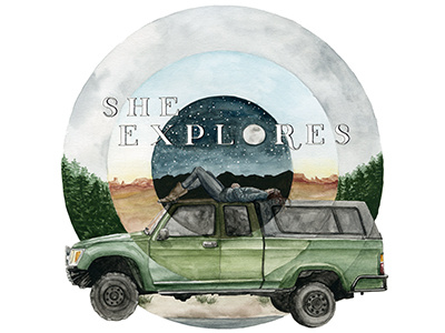 She Explores adventure collaboration desert forest landscape mountains outdoors roadtrip space stars truck watercolor