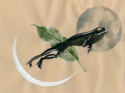 Frog Flight black crescent frog gouache green leaf moon night nocturnal stars tropical white