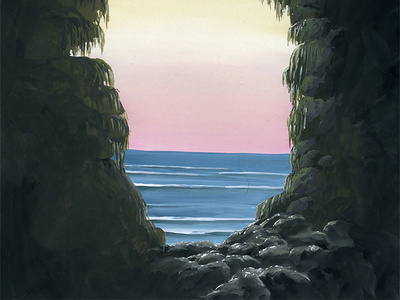 The Cave we Had to Crawl Into cave gallery gouache landscape moss ocean painting