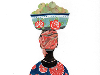 Girl Carrying Apples african apple girl gouache illustration portrait watercolor