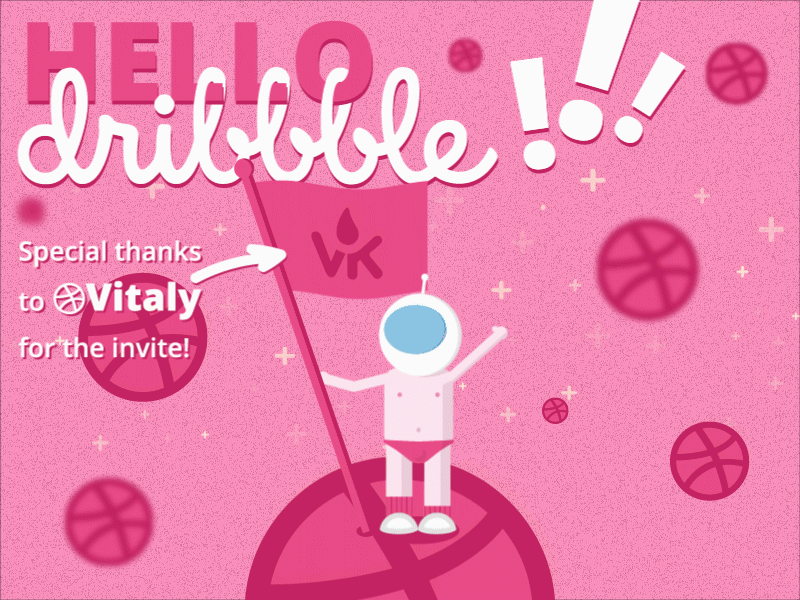Hello Dribbble! animation astronaut debut shot debuts dribbble first hello invite pink thanks