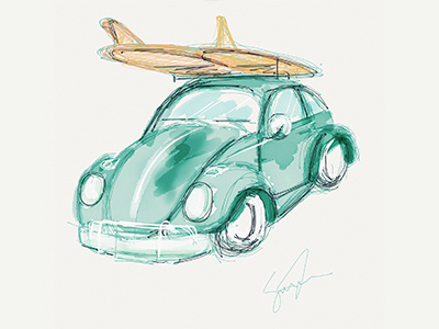 cruising to the surf car drawing paper sketch surfboards watercolor