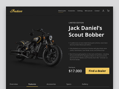Jack Daniel's x Indian Motorcycle concept page (Daily UI #012) daily daily ui dailyui design motorbike motorcycle product page shop website ui uidesign ux ui uxui