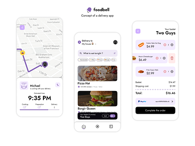 foodbell: concept of a delivery app app concept delivery design food map mobile purple ui