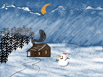 a snowy night ⛄ art blue cabin draw drawing illustration landscape photoshop snow snow cabin snowy white winter