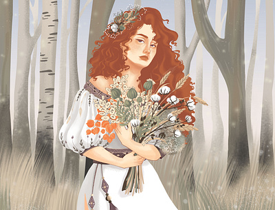 Girl with autumn bouquet autumn botanical bouquet character digital illustration digital painting digitalart flowers forrest ginger girl character illustraion