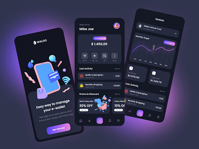 Waloo - E Wallet Mobile App 3d app dark design e wallet idea illustration inspiration interface management minimal modern money payment ui ux wallet