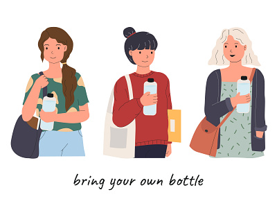 Bring Our Own Water Bottle campaign character design flat girl illustration less plastic social media vector