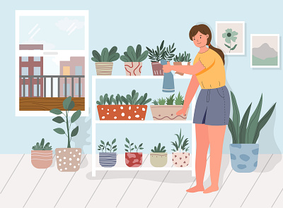 Plant Lady art design flat girl hero image illustration illustrator plant stay home vector website website image