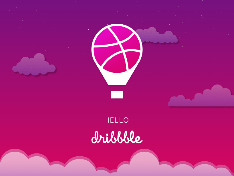 Hello, Dribbble! aerostat animation debut design first shot hello dribble illustraion invite pink sky stars thanks vector violet
