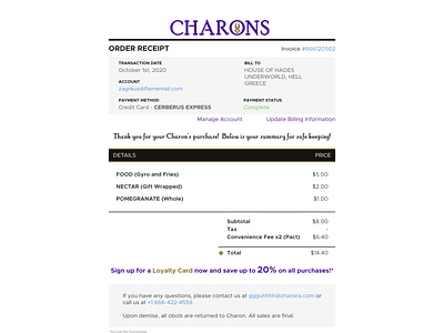 Charon's Email Reciept branding daily ui dailyui dailyui017 dailyuichallenge design emailreceipt hadesgame ui ux uxui