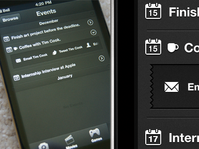 Events Screen app events grey icons ios iphone movies source code tim cook ui