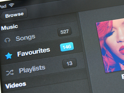 iPad Media App album annah coldplay covers favourites grey interface. ipad media music playlists rihanna songs tinie ui videos