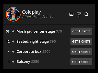 Tickets Widget cart coldplay concert mail purchasing search tickets ui widget