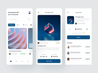 NFT Marketplace mobile app appdesign art bid history detail product eth marketplace mobileapp nft nft marketplace place a bid submit bid uiux