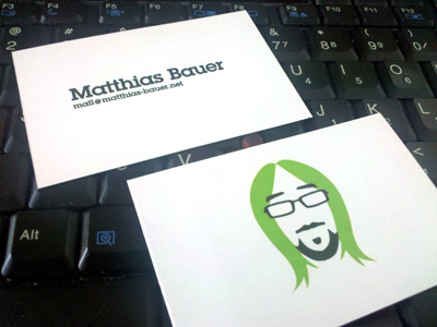 Printed results (business card for @moeffju) face green illustration logo business card