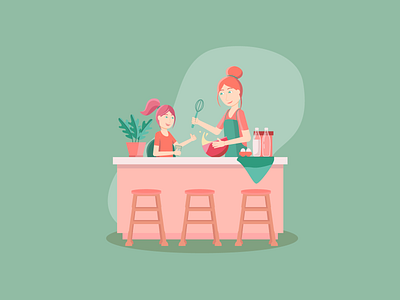 Mom and daughter preparing a meal together character characterdesign characters daughter daughters eggs family family portrait familytime flat illustrator milk mint mom orange pink together together at home togetherness