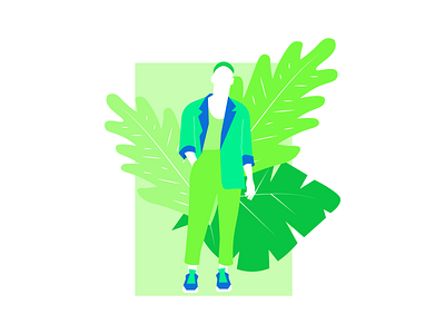 Guy Who Loves Color Green And Little of Blue 2d blue brand character design flat flowers garden green illustration leafs male man plant shape style vector