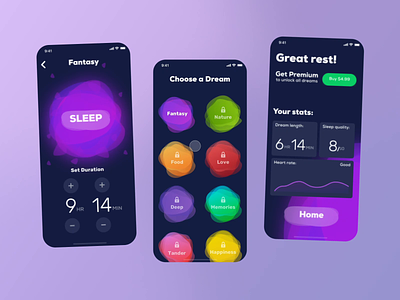 Night Dream – Sleep App animation app charts controls interface ios mobile mobile design mobile ui motion motion design relax settings subscribe subscription ui ui animation wellness widget