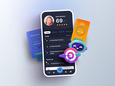 The Value Game – Motivational App for Kids 3d app app design avatar cards character charts data visualization education interface kids mobile mobile ui profile rating social tab bar tabs ui ux