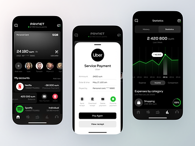 Paynet – Mobile Banking account app app design cards categories chart controls dark mode data data visualization fintech home screen interface mobile payment popup schedule ui ux