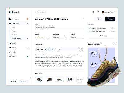 CMS Statamic concept (light mode) app cms colorblur crm daily ui dashboard design gradient nike shoes shop store table ui ux