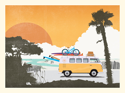 Chiringo VW Bus beach bike palm sun surf surfboard travel poster tree vintage vw bus