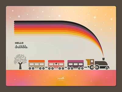 Hello Dribbble! card colour theme graphic design illustration invite invited locomotive poster snow snowflakes sunset thanks train warm colors warmth winter