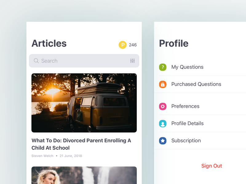 Article Feed & Profile Screens for iOS settings magazine news feed articles text read blog app ios profile article