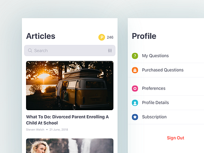 Article Feed & Profile Screens for iOS app article articles blog feed ios magazine news profile read settings text