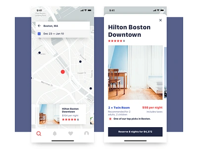 Hotel Booking App airbnb app boobies book booking cards home hotel hotel app hotel booking ios iphone listing page listings map mobile real estate rent room ui