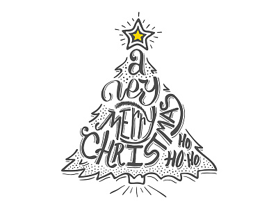 Christmas tree with hand lettering greetings christmas fur hand lettering merry spruce star sunburst tree typography